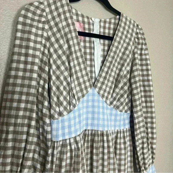 DEFECT-Molby the Label Mini Dress Womens 4 Gingham Brown and Light Blue - Picture 4 of 16